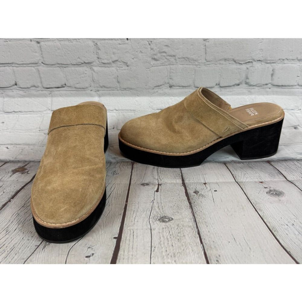 EILEEN FISHER Hiya beige suede platform mules clog size 10M NWOT
